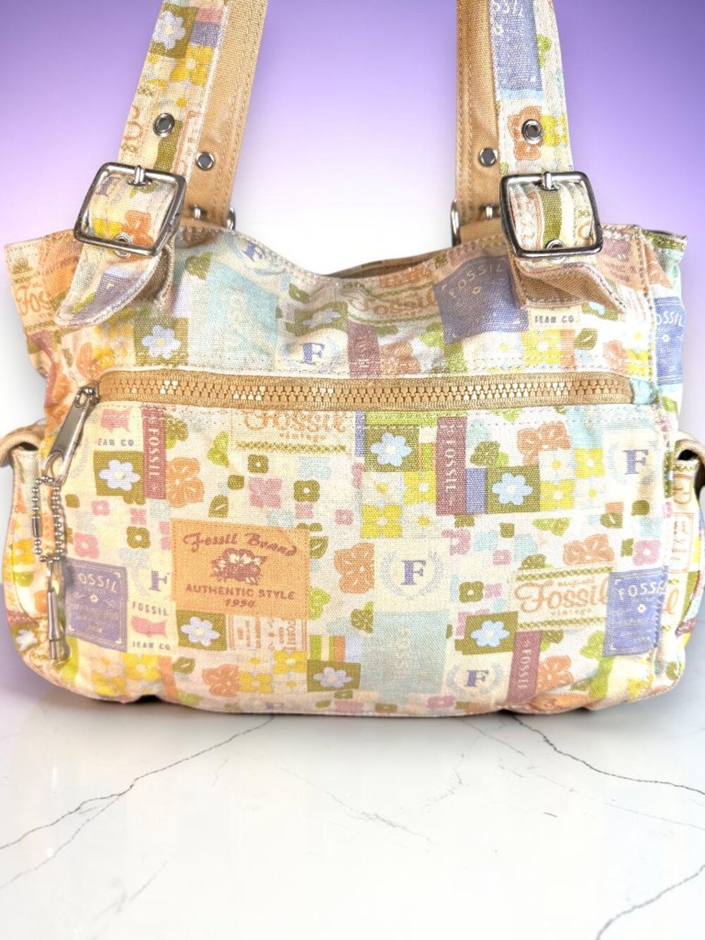 Fossil Rare Vintage Y2K "Nostalgia Grid" Multicolor Canvas Shoulder Tote Bag - Picture 2 of 16